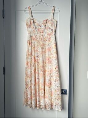 Bardot Cream Eyelet Midi Dress with Pink & Peach Floral Wash